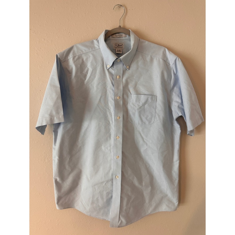 LL Bean Mens 16.5 Blue Wrinkle Free Short Sleeve Button Down Dress Shirt 215174